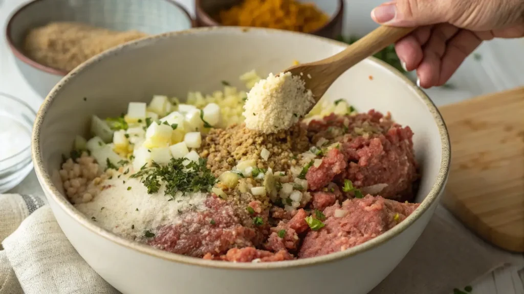 Mixing meatloaf mixture with Lipton onion soup mix by hand