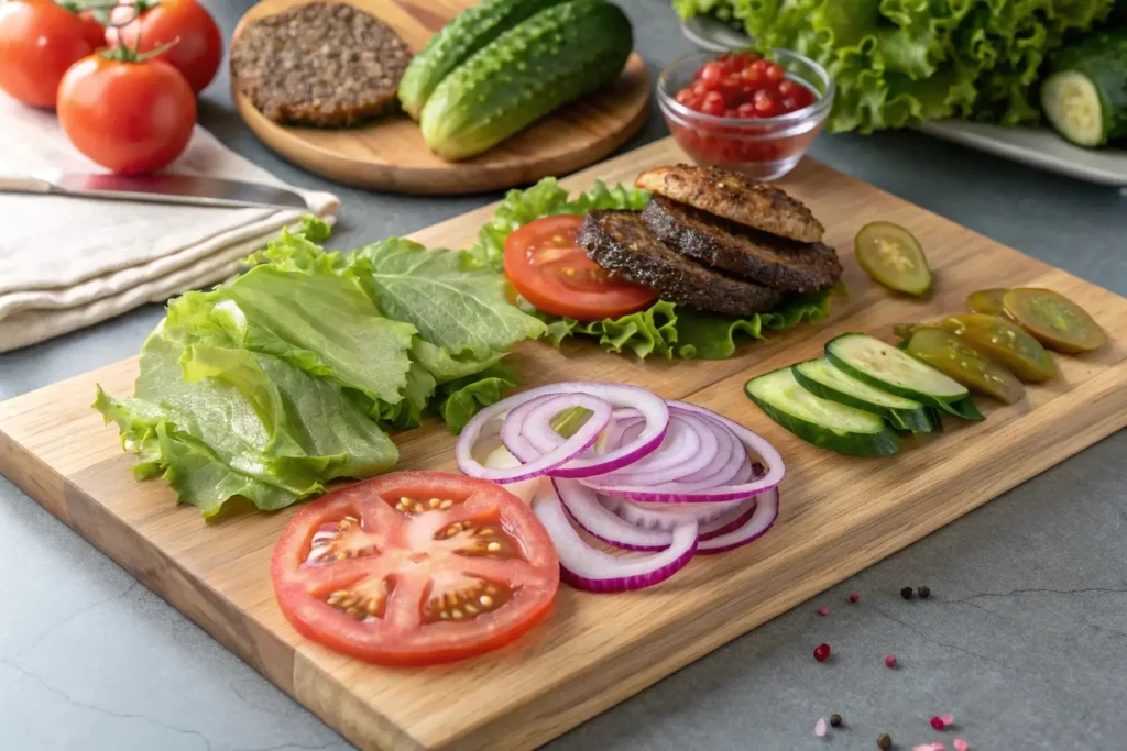 Fresh veggies being prepped for a burger bowl recipe