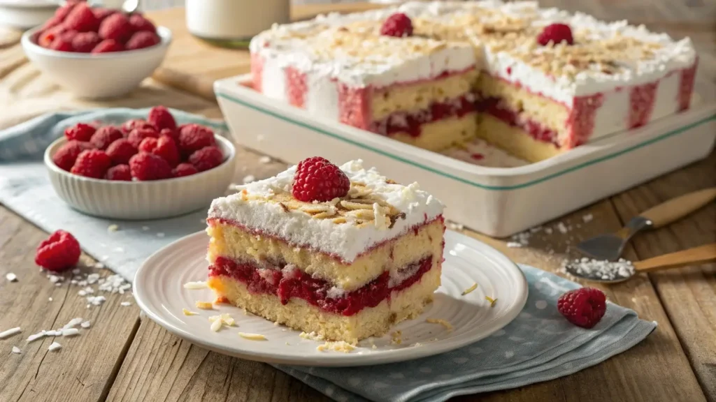 Raspberry Zinger Poke Cake with whipped topping and coconut