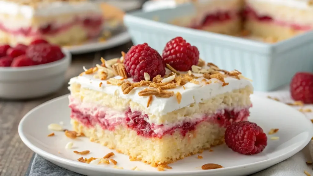 Raspberry Zinger Poke Cake topped with Cool Whip and toasted coconut