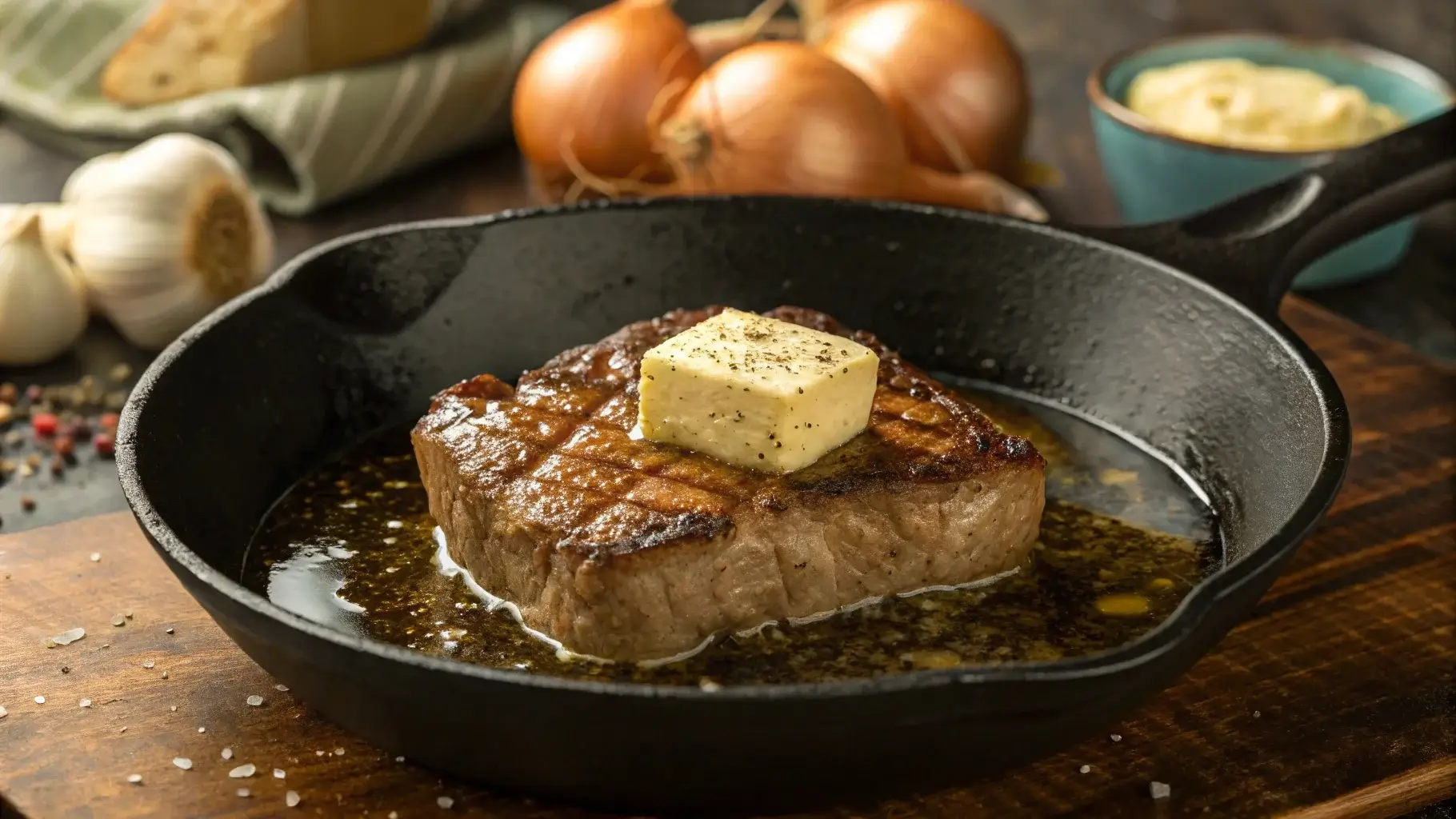 Seared cube steak for crock pot recipe in a cast-iron skillet