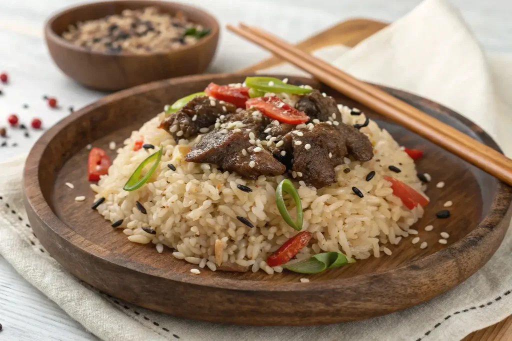 Serving beef pepper rice with garnishes	