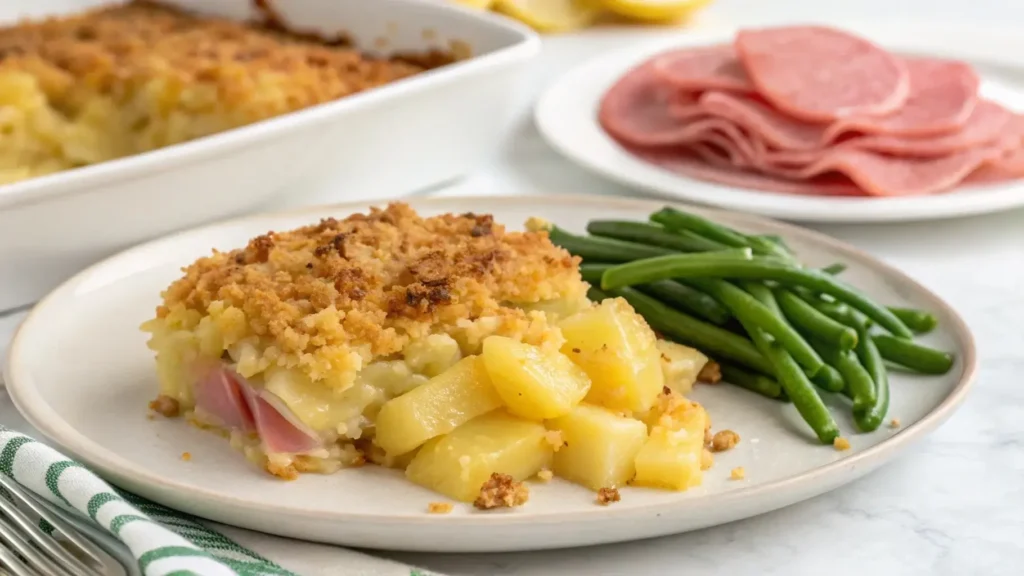 Serving pineapple casserole with ham and green beans