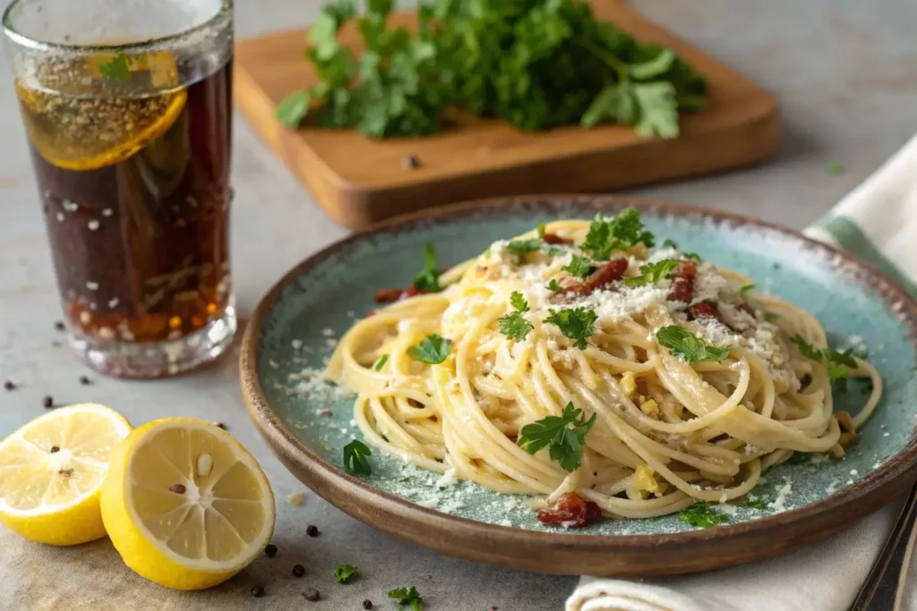 Serving vegetarian spaghetti carbonara