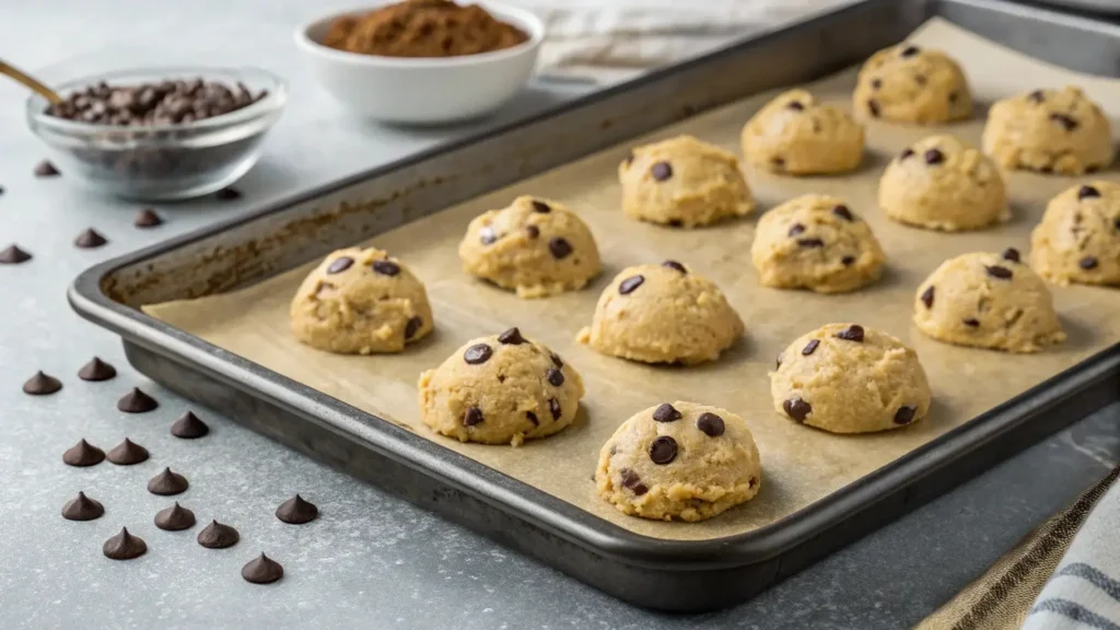 Scoops of banana bread cookies dough on baking tray