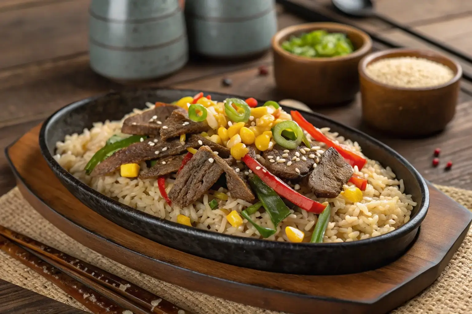 Sizzling plate of beef pepper rice