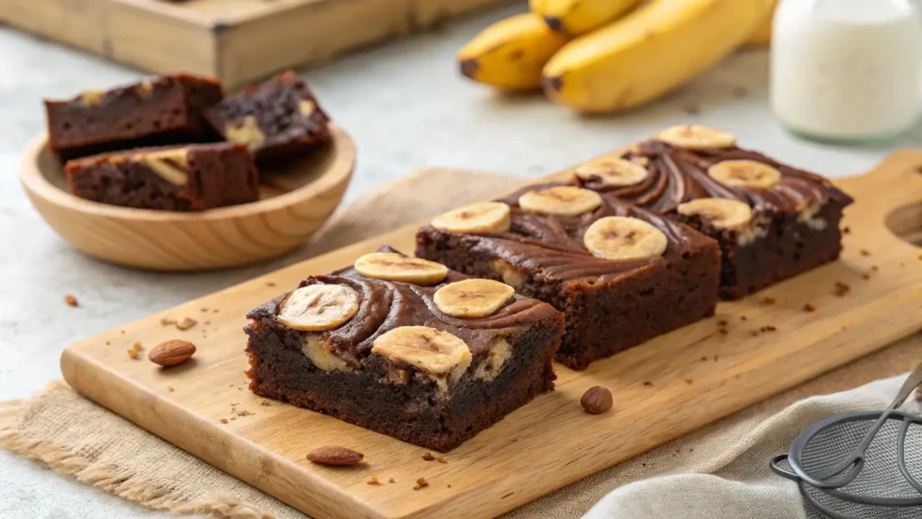 Banana bread brownies recipe with melted chocolate swirls