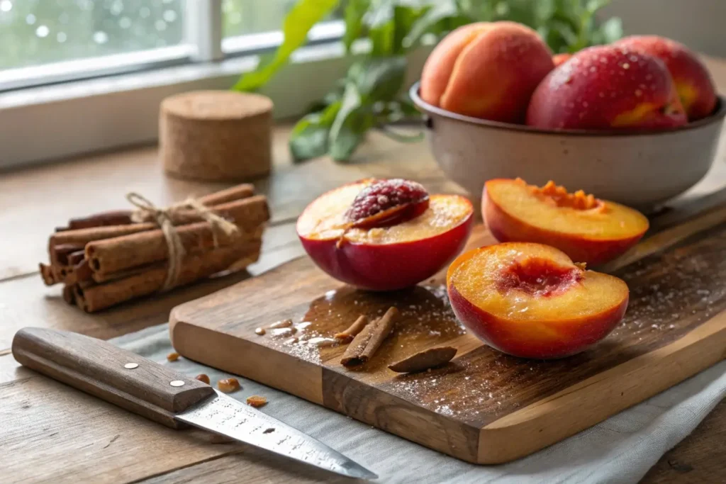 Fresh peaches being sliced for a peach crumble recipe