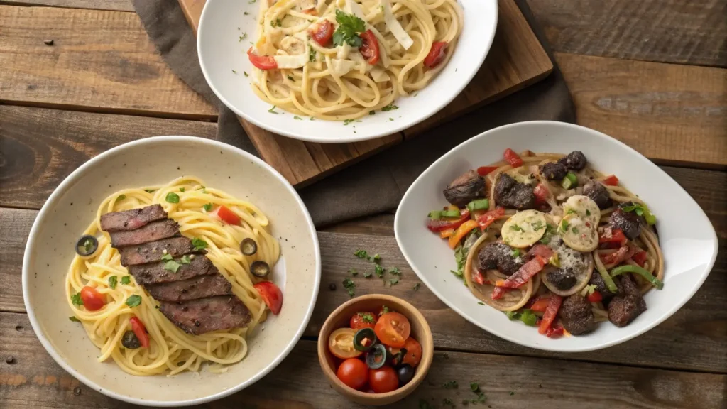 Three types of steak pasta