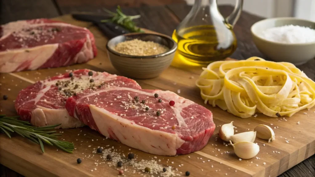 Fresh ingredients for steak pasta