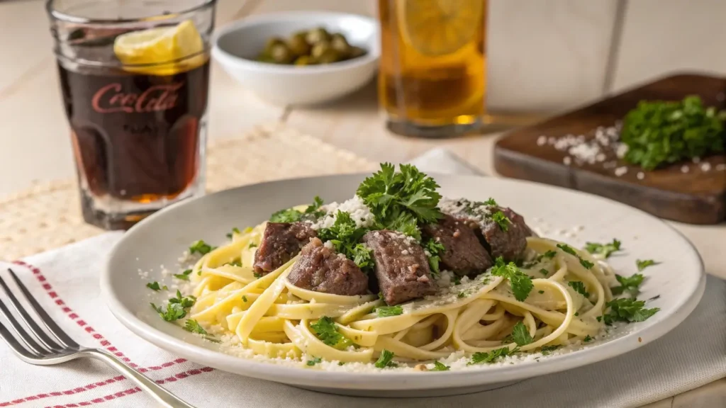 Garnished steak pasta with cola