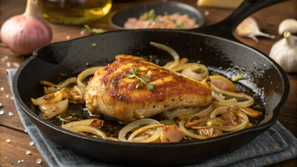 Chicken cooking in a skillet with onions