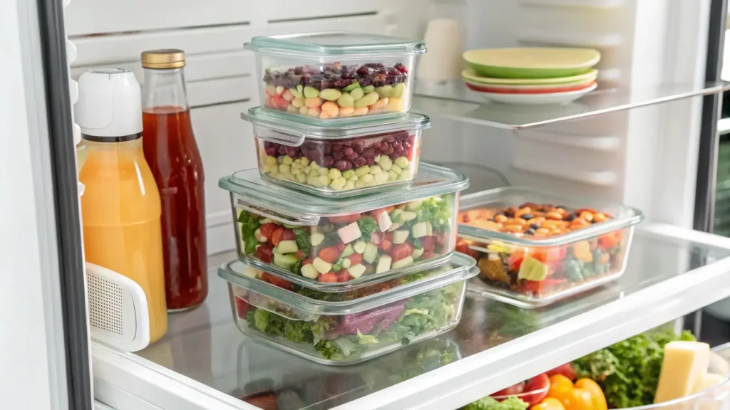 Meal-prep containers of dense bean salad