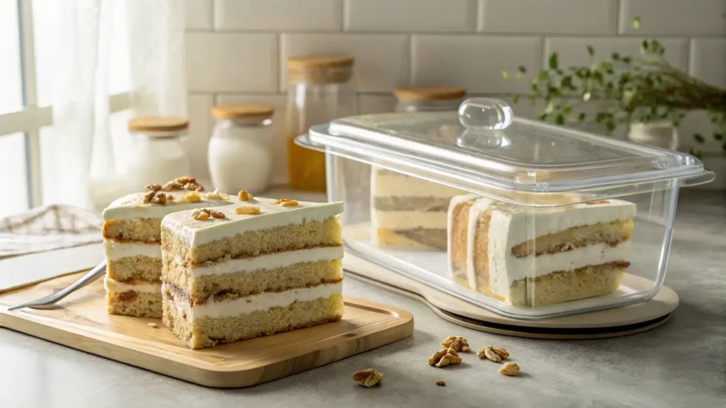 Leftover Italian Cream Cake slices stored in a glass container