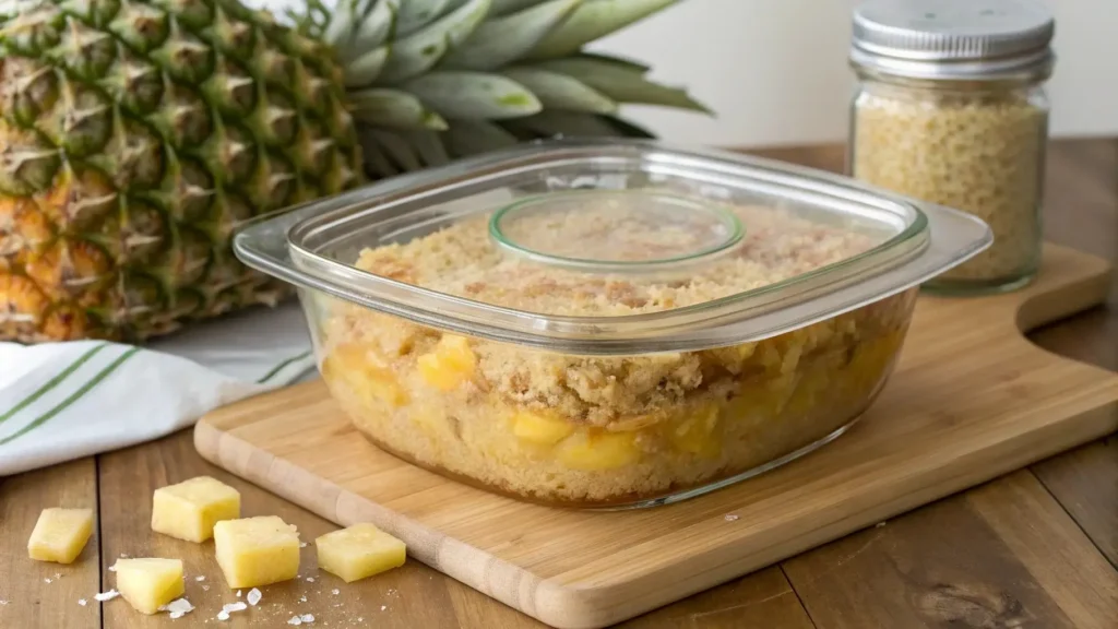 Leftover pineapple casserole stored in an airtight container