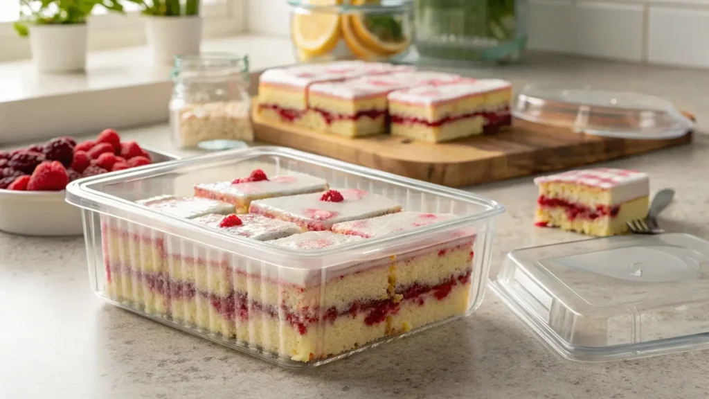 Leftover Raspberry Zinger Poke Cake in a glass container