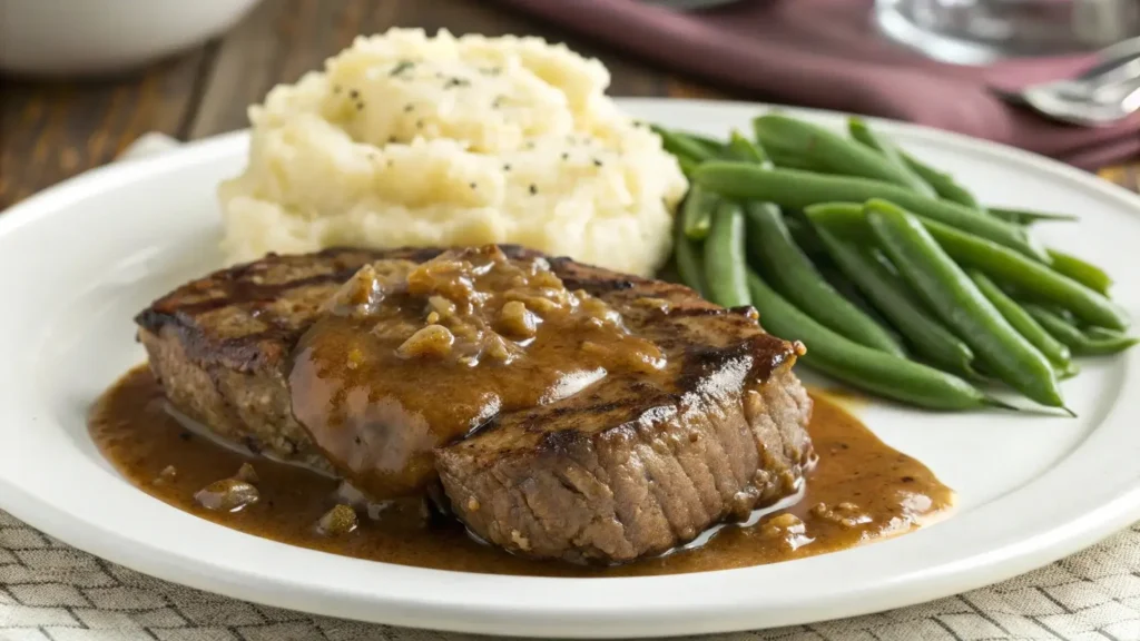 Cube steak crock pot meal served with mashed potatoes and green beans