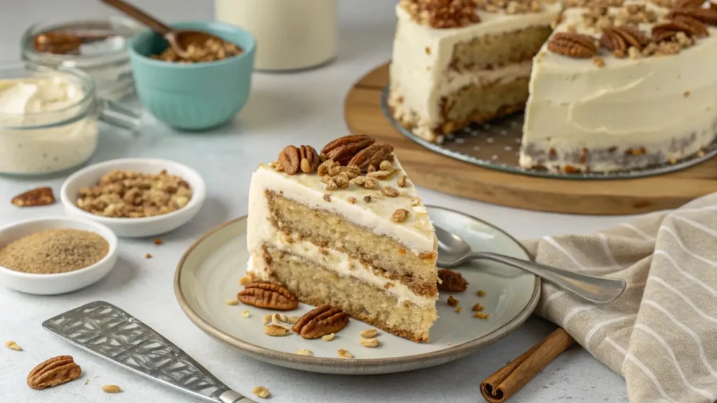 Slice of moist Italian Cream Cake with pecan and coconut topping