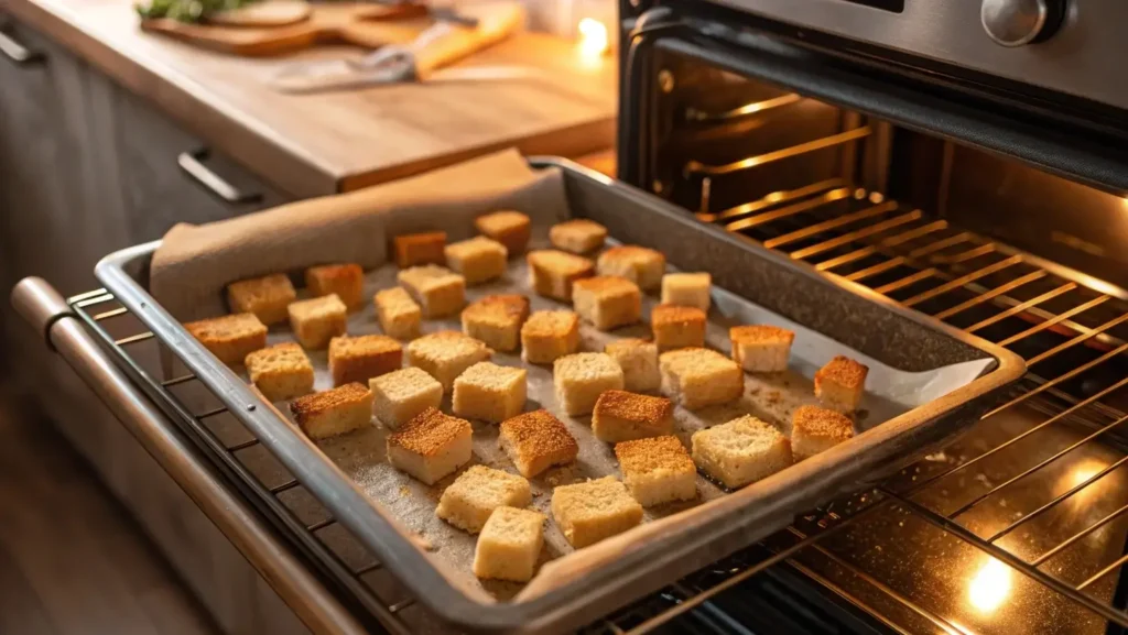 Bread cubes toasting for chicken dressing recipe