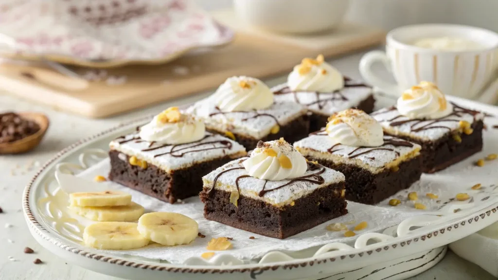 Sliced banana pudding brownies with whipped cream and toppings