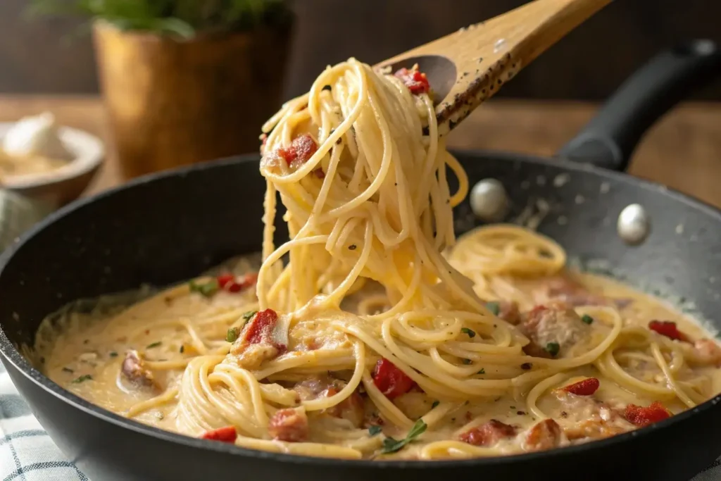 Tossing spaghetti in carbonara sauce