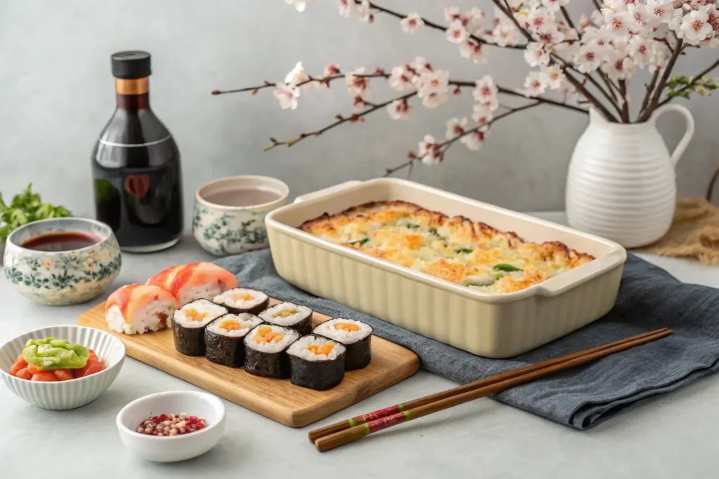 Japanese sushi bake and traditional sushi