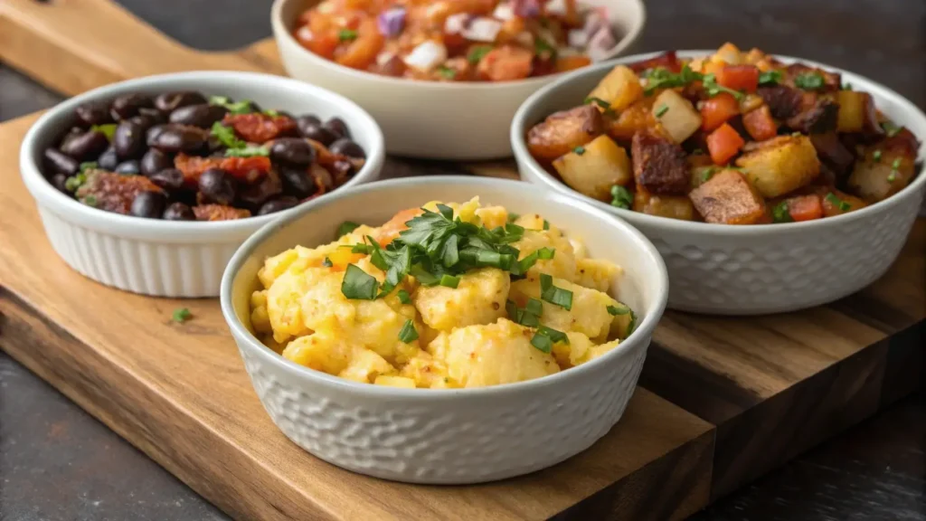 Different versions of Mexican Potatoes Breakfast with eggs and chorizo