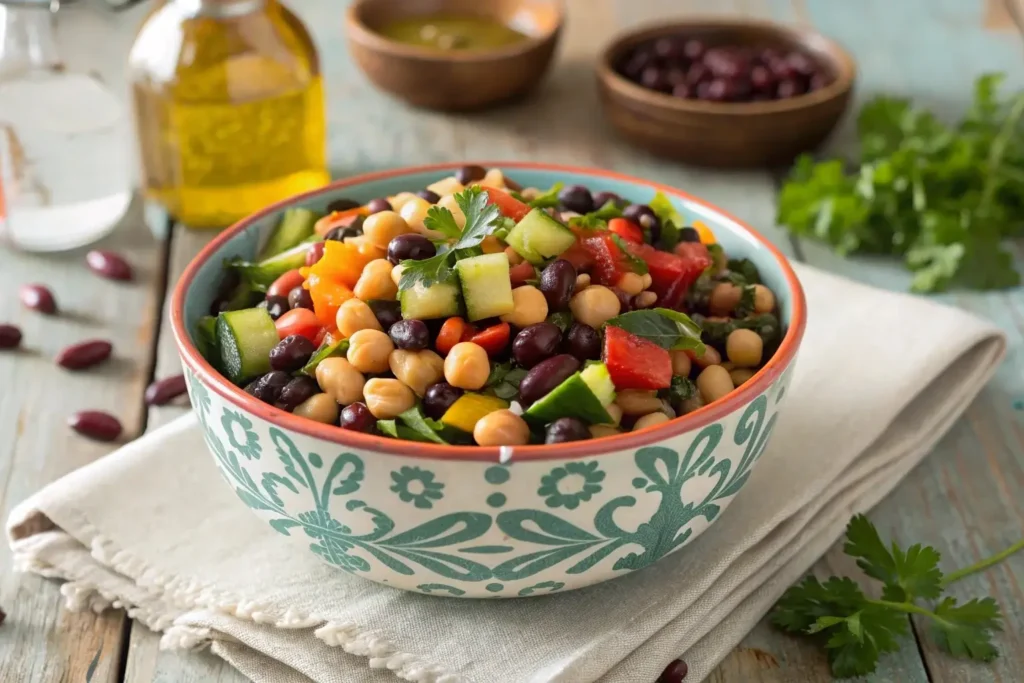 Bowl of dense bean salad with fresh veggies