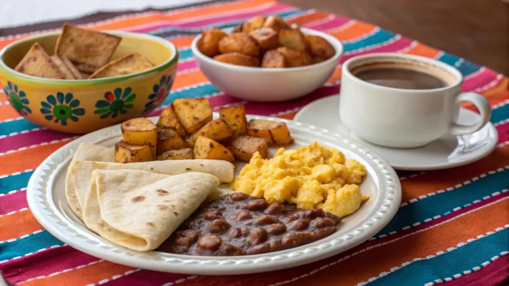 Mexican Potatoes Breakfast with tortillas, eggs, and refried beans