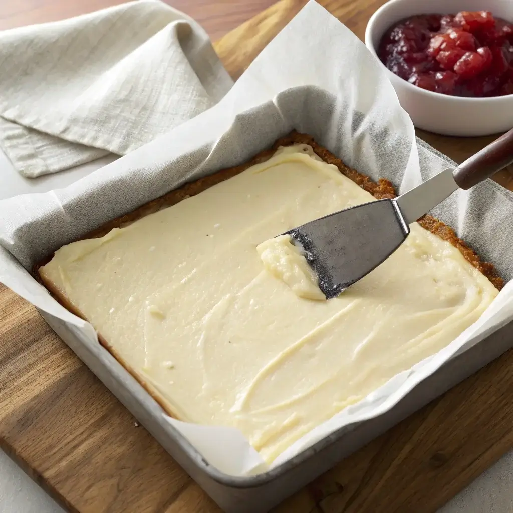 Spreading cheesecake filling over the crust in a baking pan.
