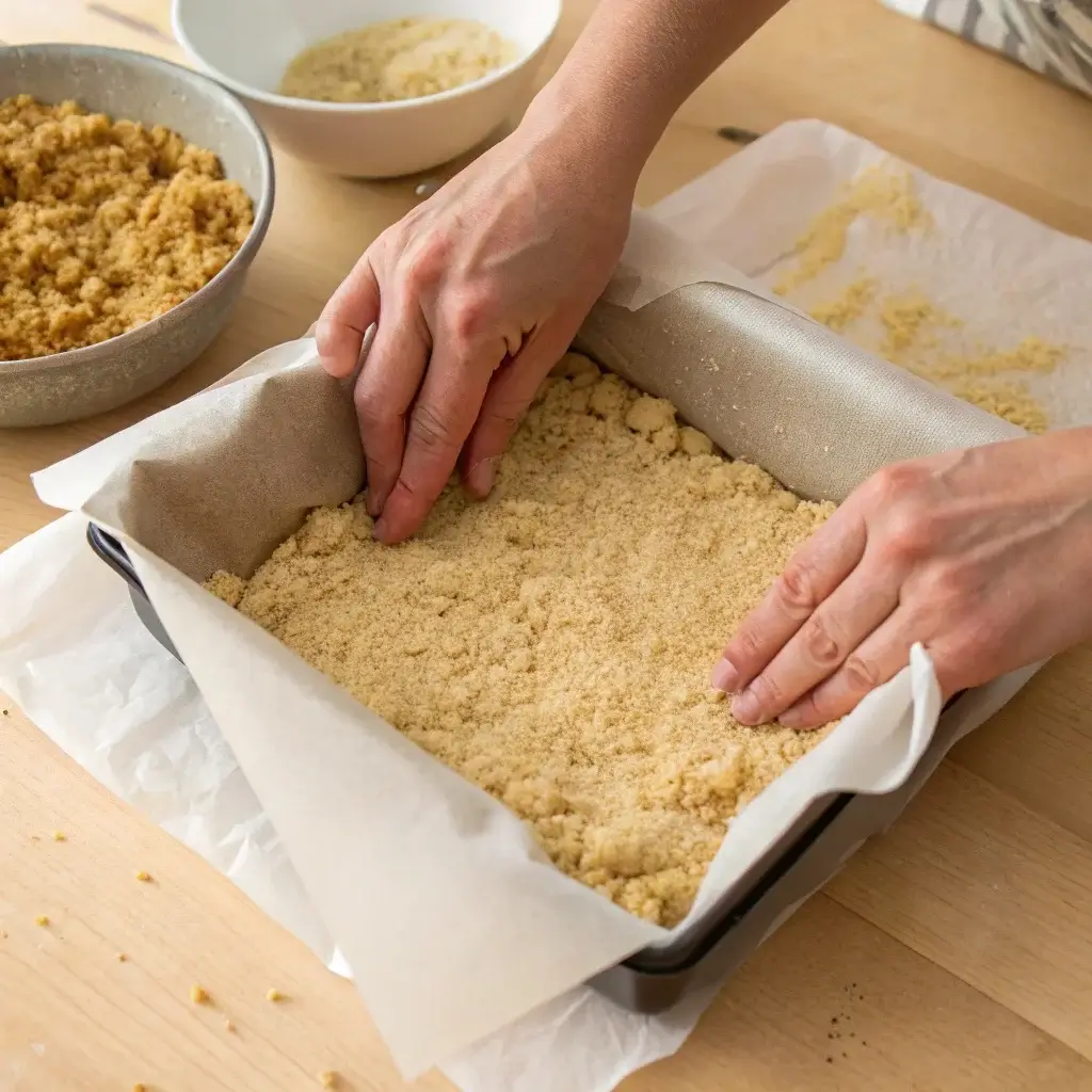 Pressing the crust mixture into a baking pan.