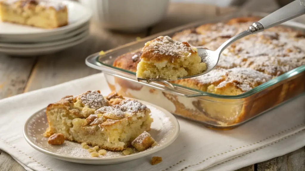 A freshly baked Hawaiian Roll French Toast casserole in a glass dish, topped with cinnamon streusel and powdered sugar.