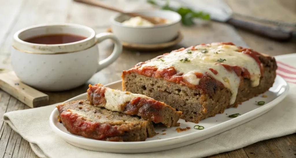 Italian meatloaf recipe with marinara and mozzarella on rustic plate