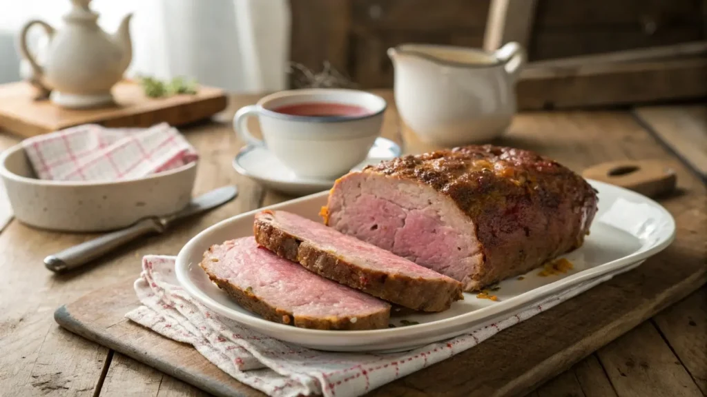 Sliced meatloaf still pink inside on a ceramic plate with rustic styling