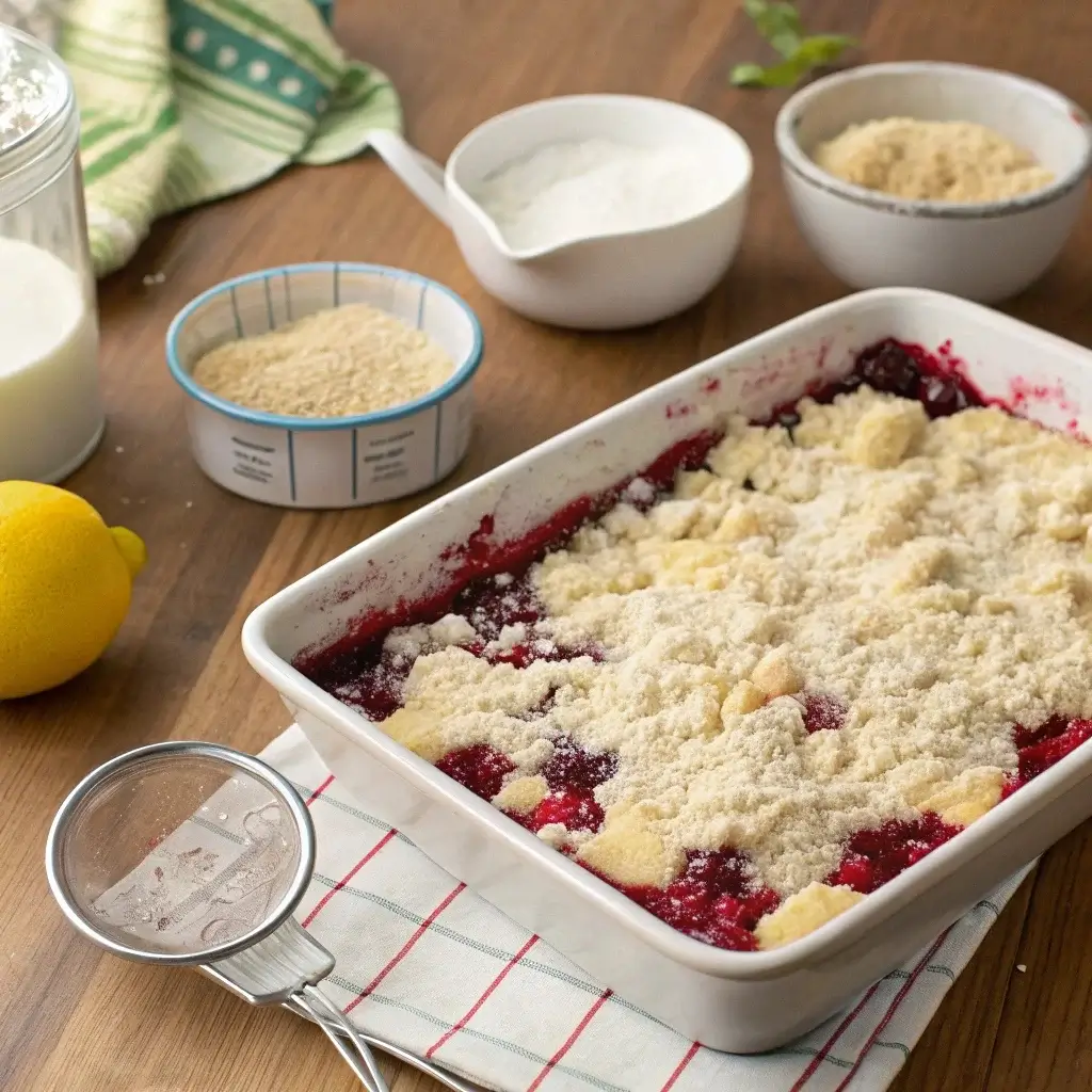 Assembling the cobbler in a baking dish