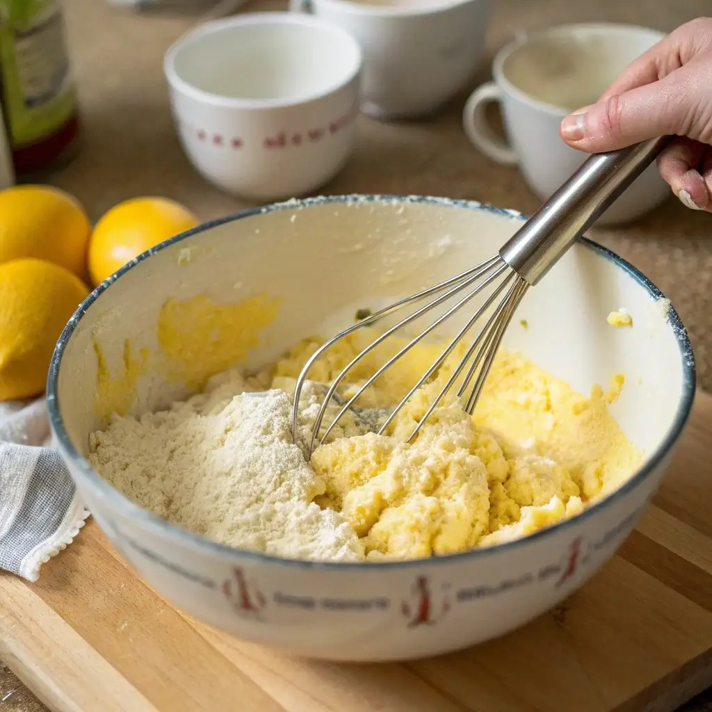 Cake mix and melted butter being mixed together in a bowl to create the perfect topping for Berry Cobbler with Cake Mix.