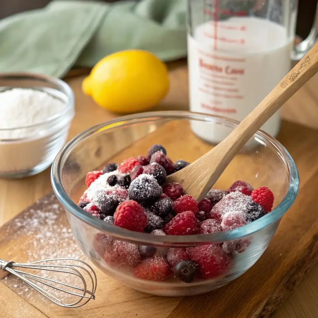 A bowl of fresh and frozen berries mixed with sugar and cornstarch, ready for making Berry Cobbler with Cake Mix.
