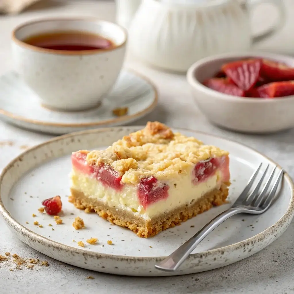 A plated rhubarb crumble cheesecake bar with a fork.