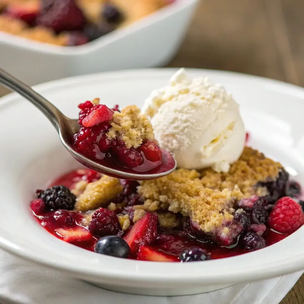 A warm Berry Cobbler with Cake Mix cooling on a wire rack, topped with a scoop of melting vanilla ice cream.