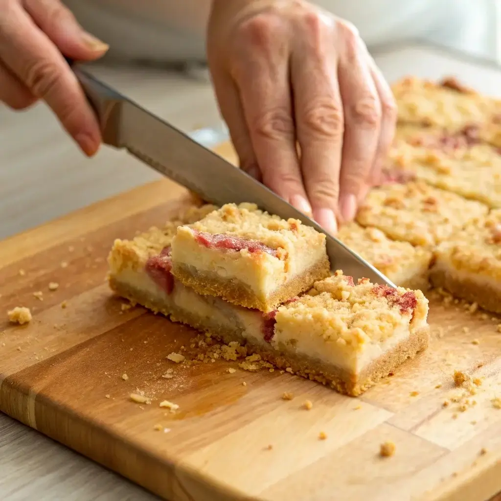 Cutting rhubarb crumble cheesecake bars into squares.